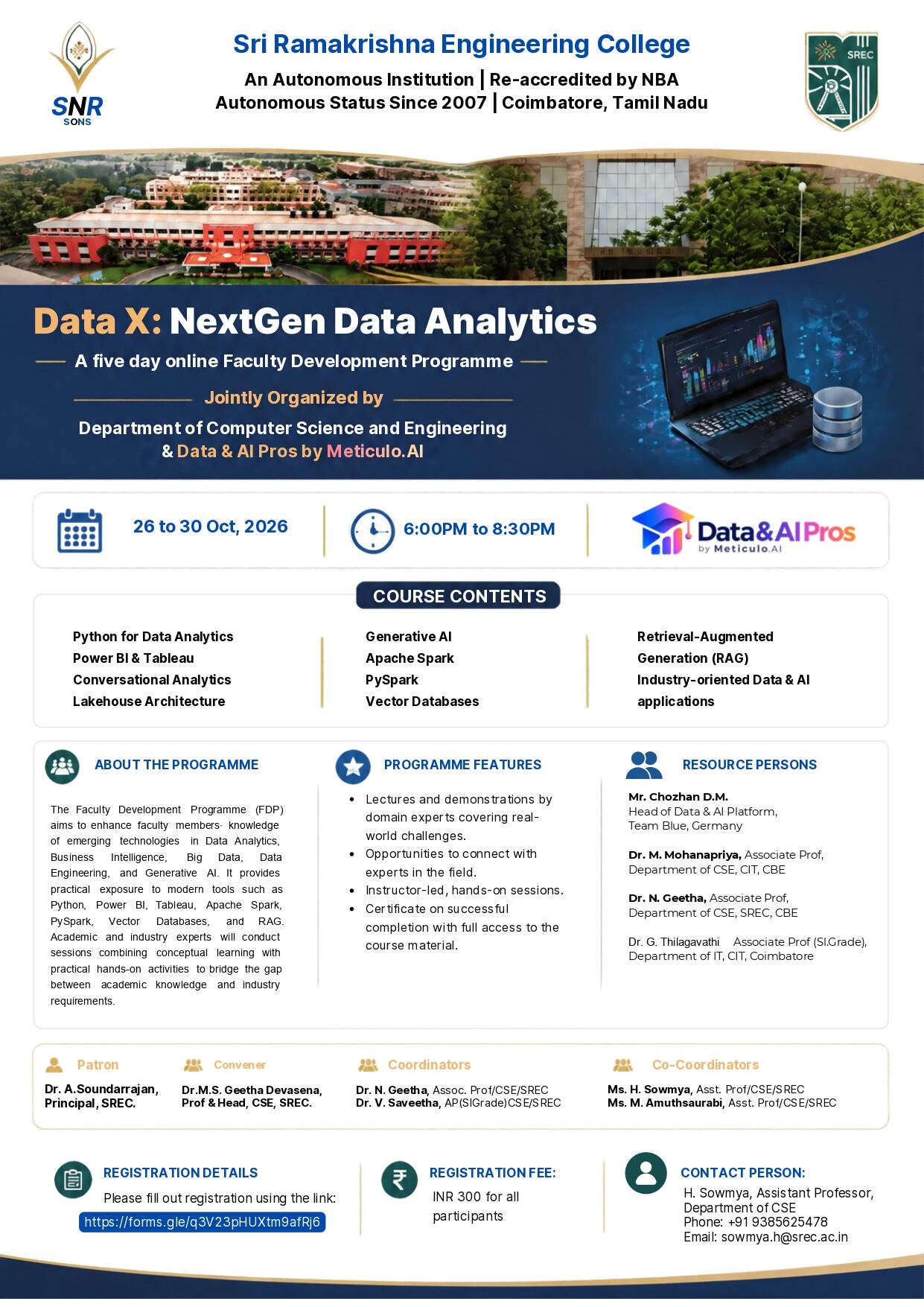 Data X: NextGen Data Analytics 2026, Sri Ramakrishna Engineering College, Faculty Development Program, Coimbatore banner